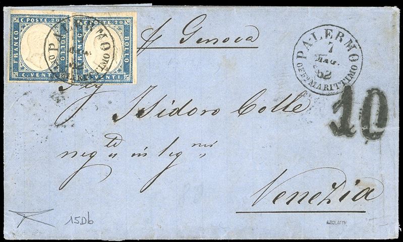 1862 - 20 cent. celeste grigiastro (15Db), due esemplari, perfetti, su lettera da Napoli 7/5/1862 a Venezia, tassa a tampone di 10 soldi. Bottacchi.  - Asta Filatelia - Cambi Casa d'Aste