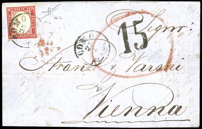 1860, 40 cent. rosso (16c), lettera di doppio porto da Como a Vienna, tassata 15 kreuzer