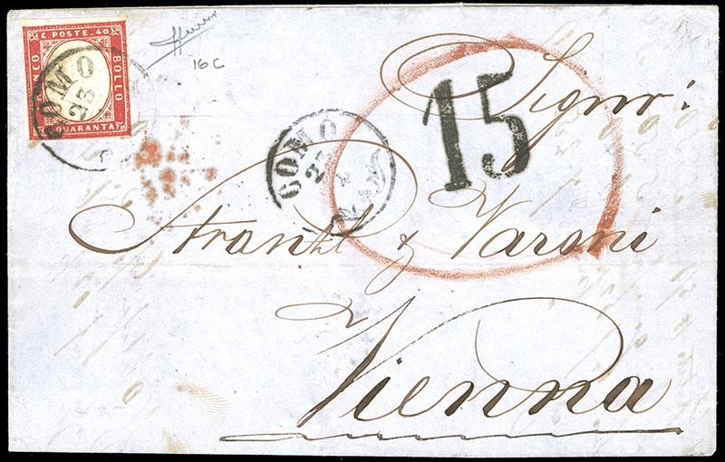 1860 - 40 cent. rosso (16c), rasente in basso, su lettera di doppio porto da Como 23/4/1860 a Vienna, tassata 15 kreuzer. Cert. Sorani.  - Auction Philately - Cambi Casa d'Aste
