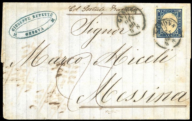 1860 - 20 cent. indaco oltremare (15Bb), rasente in basso, su lettera da Genova 12/10/1860 a Messina, viaggiata con il vapore francese Quirinal e tassata in arrivo 22 grana.  - Asta Filatelia - Cambi Casa d'Aste
