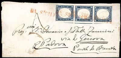 1861, 20 centesimi azzurro scurissimo (15c), striscia verticale di tre su lettera dalla Sicilia