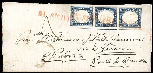 1861 - 20 cent. azzurro scurissimo (15c), striscia verticale di tre, finemente restaurata, su lettera dalla Sicilia, annullo "Da Sicilia" in rosso apposto a Genova, per Ponte di Brenta, bollo di arrivo del 14/12/1861, tassata 5 soldi.