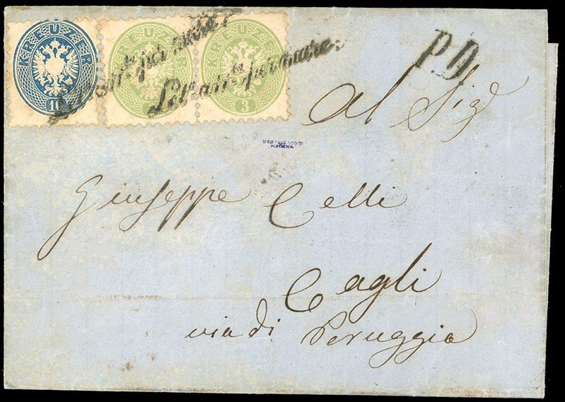 AUSTRIA 1867 - 3 kr. verde, due esemplari, e 10 kr. azzurro, dent. 9 1/2 (Unif. 28,30), ottimo stato, su lettera da Zara 16/10/1867 a Cagli. I francobolli vennero annullati con il lineare corsivo "Lett.arr.ta per mare". Primi giorni di ripresa della Convenzione postale con il Regno d'Italia.  - Auction Philately - Cambi Casa d'Aste