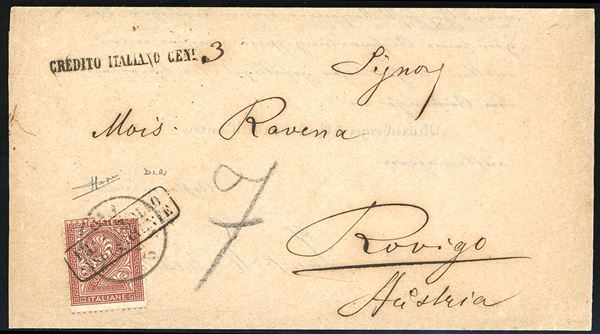 1864 - 2 cent. De La Rue, tiratura di Londra (L15), perfetto, su circolare a stampa insufficientemente affrancata per Rovigo 9/11/1864. Il francobollo è annullato con un bollo a datario illeggibile e con il bollo in cartella "francobollo insufficiente"; sul fronte il lineare "credito italiano cent"3 e la tassa di 7 soldi, come lettera. Molto rara. Sorani.