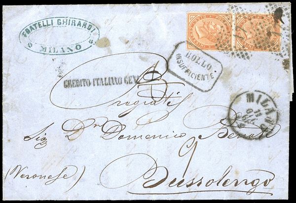 1866 - 10 cent. De La Rue, tiratura di Londra (L17), coppia verticale, parzialmente separata con le forbici, su lettera insufficientemente affrancata da Milano 11/10/1866 a Bussolengo, sul fronte il lineare "credito italiano cent" 8 e tassa 9. Interessante testo storico.