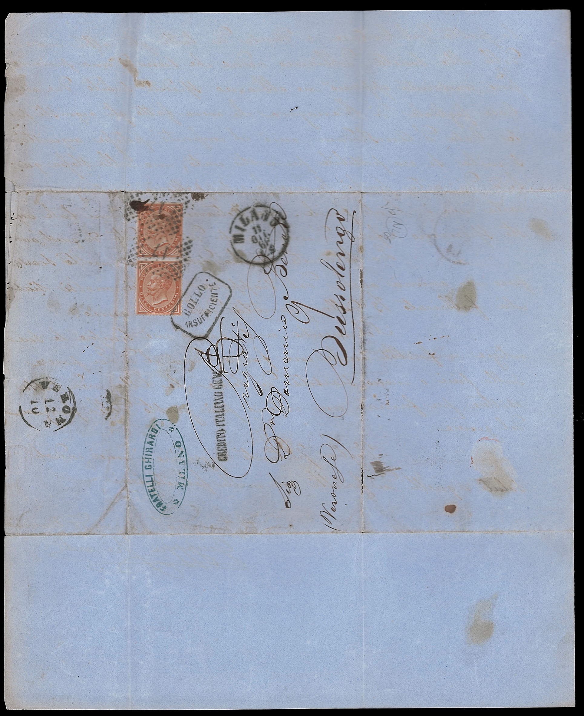 1866 - 10 cent. De La Rue, coppia verticale su lettera, affrancatura insufficiente, Milano a Buss...