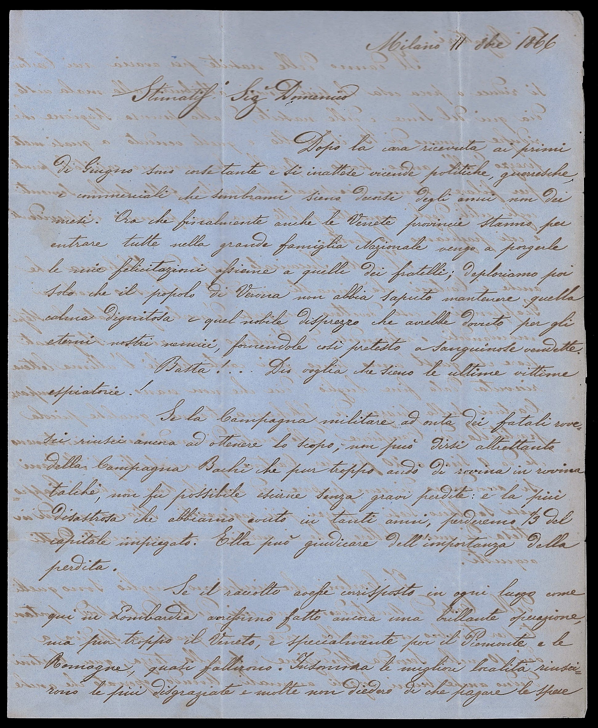 1866 - 10 cent. De La Rue, coppia verticale su lettera, affrancatura insufficiente, Milano a Buss...