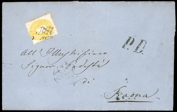 AUSTRIA 1862 - 2 kr. giallo (Austria 17), perfetto, isolato su circolare a stampa da Arco 9/8/1862 a Traona.