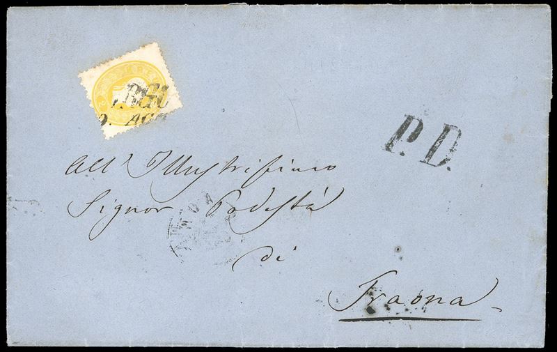 AUSTRIA 1862 - 2 kr. giallo (Austria 17), perfetto, isolato su circolare a stampa da Arco 9/8/1862 a Traona.  - Asta Filatelia - Cambi Casa d'Aste