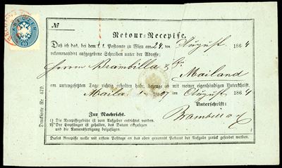 Francia, 10 kr. azzurro, dent. 9 1/2, 1864, su ricevuta di ritorno da Vienna a Milano