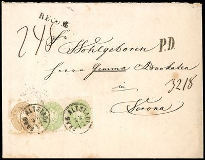 Austria, 3 kr. verde e 15 kr. bistro con 10 kr. azzurro su busta raccomandata, 1866