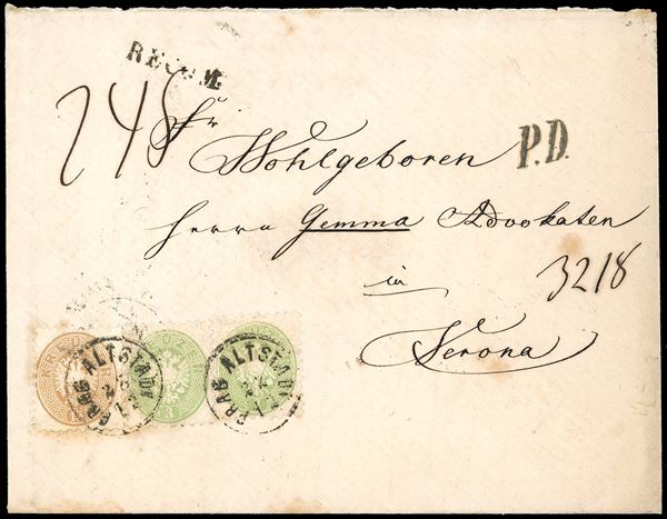 AUSTRIA 1866 - 3 kr. verde, due esemplari, 15 kr. bistro, e, al verso per la raccomandazione 10 kr. azzurro, tutti dent. 9 1/2 (28,31,30), perfetti, su busta raccomandata da Praga 24/12/1866 a Verona, tariffa dalla 3a distanza Austriaca alla 1a Italiana.