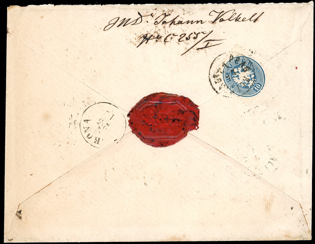 Austria, 3 kr. verde e 15 kr. bistro con 10 kr. azzurro su busta raccomandata, 1866
