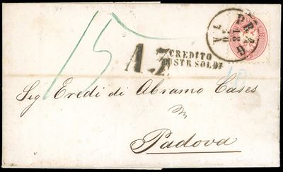 Austria, 5 kr. rosa, dent. 9 1/2, su lettera da Praga a Padova, 1866