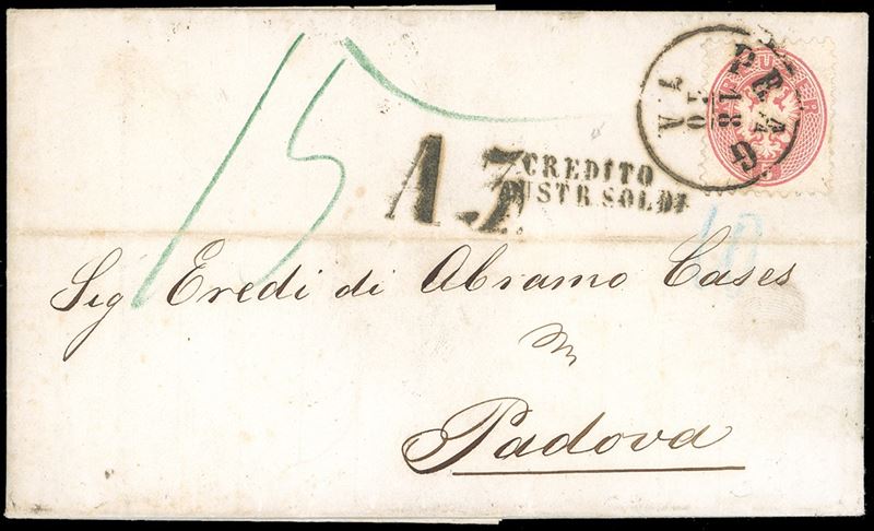 AUSTRIA 1866 - 5 kr. rosa, dent. 9 1/2 (Unificato 29), perfetto, su lettera insufficientemente affrancata da Praga 18/10/1866 a Padova, sul fronte bolli "A3", "Credito Austr.soldi" 10 e segno di tassa 15.  - Auction Philately - Cambi Casa d'Aste