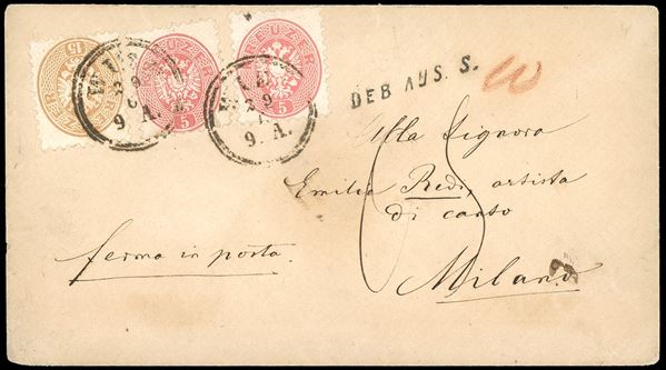 AUSTRIA 1867 - 5 kr. rosa, due esemplari, 15 kr. bistro, tutti dent. 9 1/2 (Unificato 29,30), perfetti, su busta con affrancatura insufficiente da Vienna a Milano, sul fronte lineare "Deb.Aus.S." 10 e tassa di 5 cent.