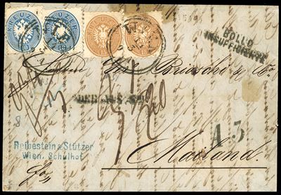 Austria, Lettera con affrancatura di 10 kr. azzurro e 15 kr. bistro, Vienna 14/3/1866