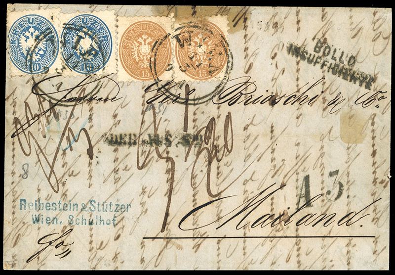 AUSTRIA 1866 - 10 kr. azzurro, 15 kr. bistro, entrambi due esemplari, tutti dent. 9 1/2 (Austria 30,31), buono stato, su lettera insufficientemente affrancata da Vienna 14/3/1866 a Milano e tassata in arrivo 35 centesimi. Interessante lettera di 2 porti austriaci e di 3 porti italiani, tra A3 e I2. Interessante.  - Asta Filatelia - Cambi Casa d'Aste
