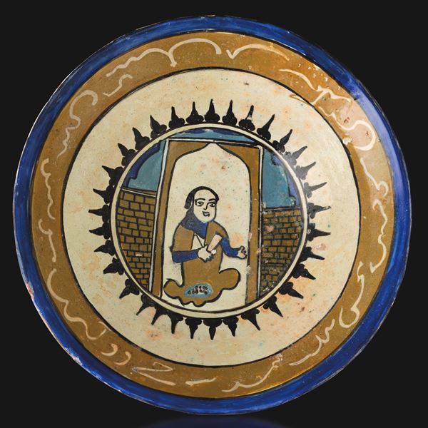 Ciotola in terracotta raffigurante personaggio con scritte islamiche, Persia, XV secolo