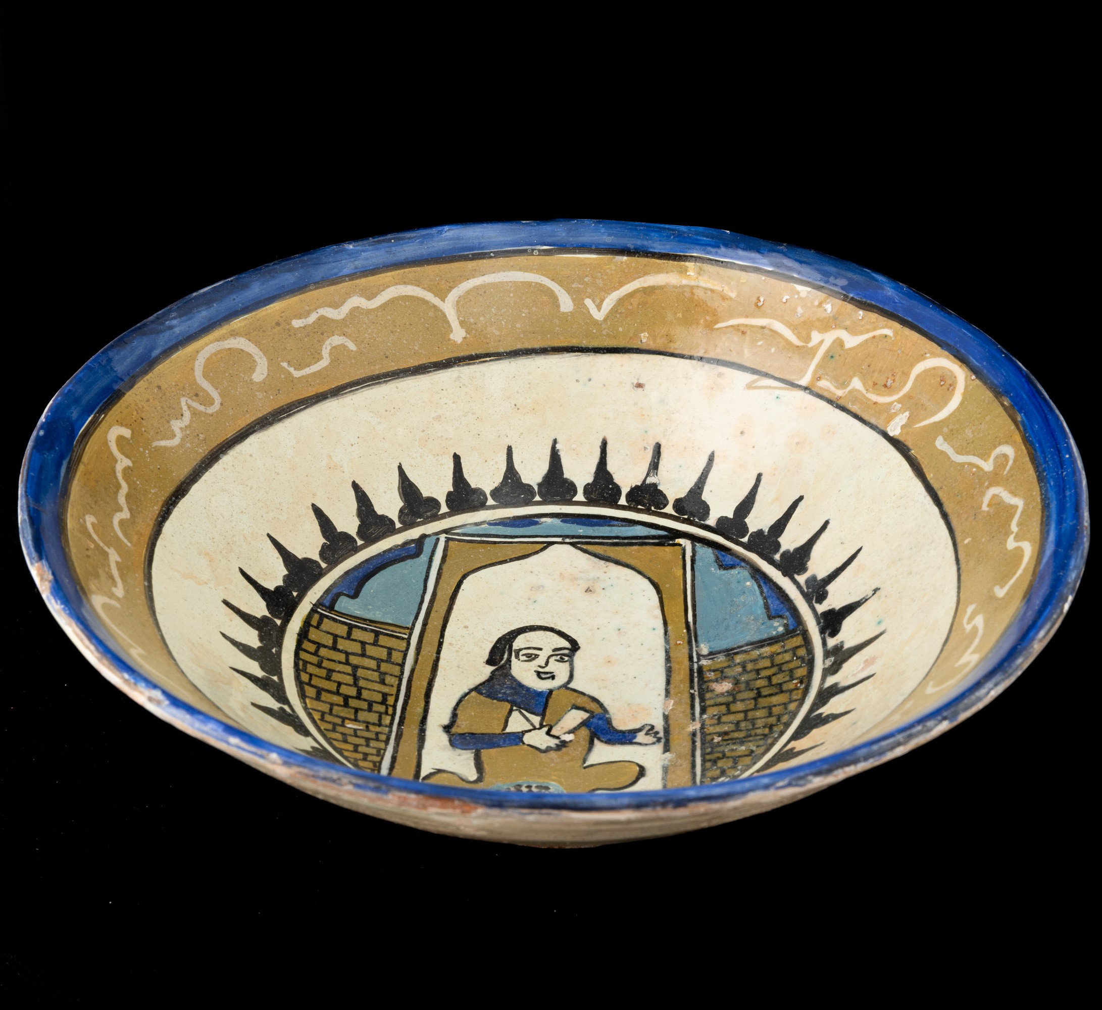 Ciotola in terracotta, Persia, XV secolo, decorazione con personaggio e scritte islamiche