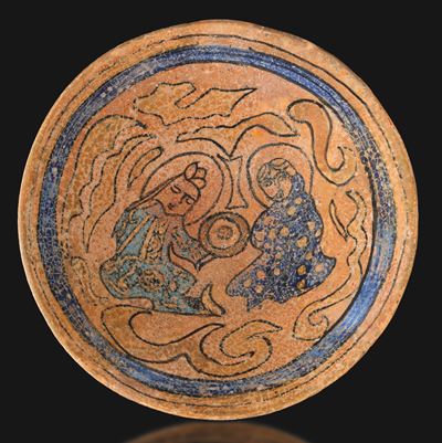 Ciotola in terracotta persiana, decori policromi con dignitario, XV secolo