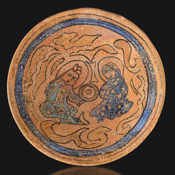 Ciotola in terracotta con decori policromi raffiguranti dignitario, Persia, XV secolo