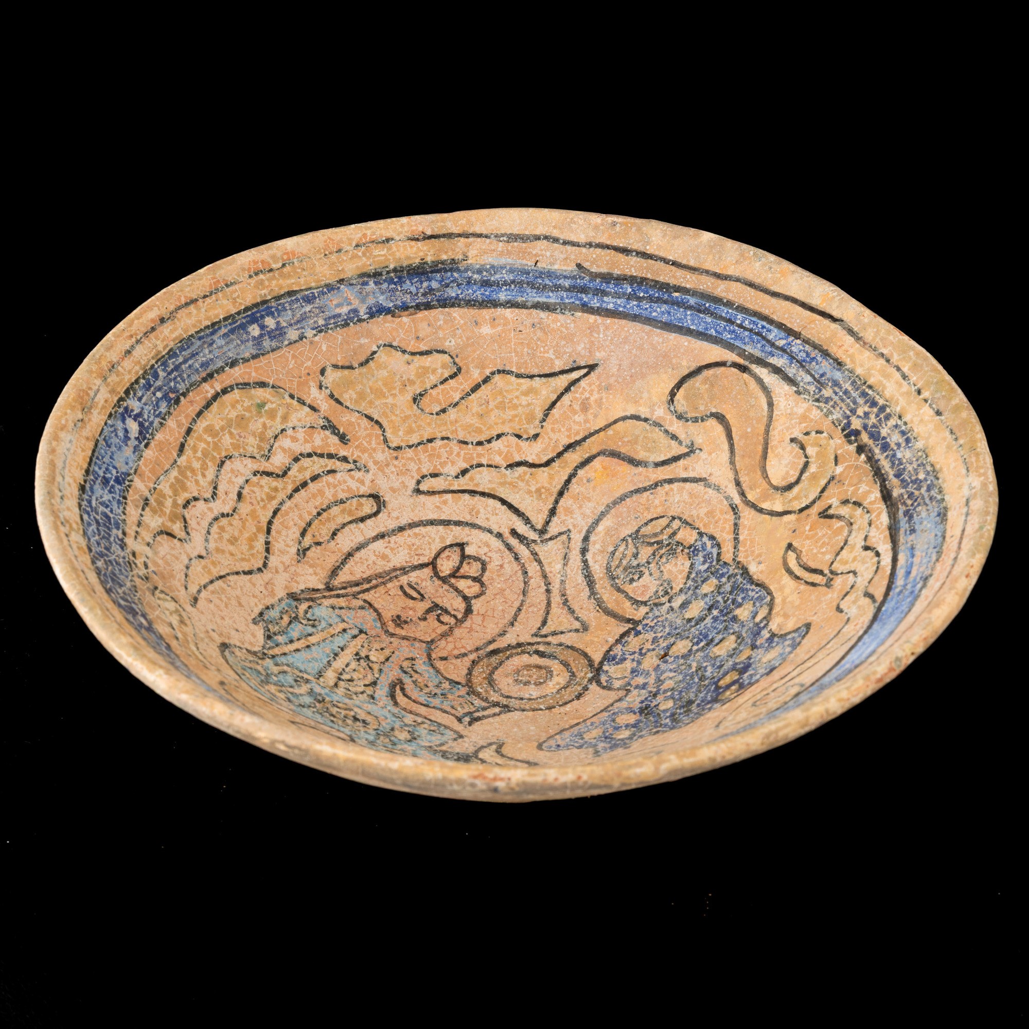 Ciotola in terracotta persiana, decori policromi con dignitario,  XV secolo