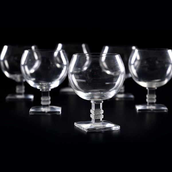 Sei coppe “Algos”. Francia, Manifattura Lalique, XX secolo.