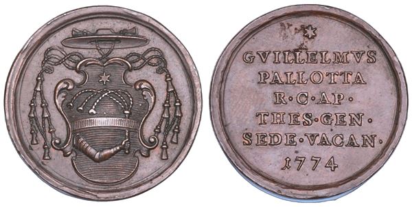 STATO PONTIFICIO. SEDE VACANTE 1774-1775. Medaglia in bronzo emessa dal Tesoriere Generale Monsignore Guglielmo Pallotta.