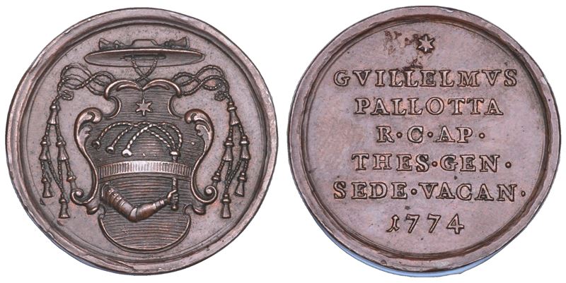 STATO PONTIFICIO. SEDE VACANTE 1774-1775. Medaglia in bronzo emessa dal Tesoriere Generale Monsignore Guglielmo Pallotta.  - Asta Numismatica - Cambi Casa d'Aste