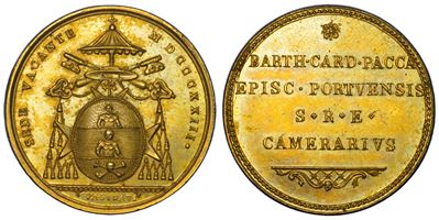 Medaglia in bronzo dorato del Cardinale Bartolomeo Pacca, Stato Pontificio, Sede Vacante 1823