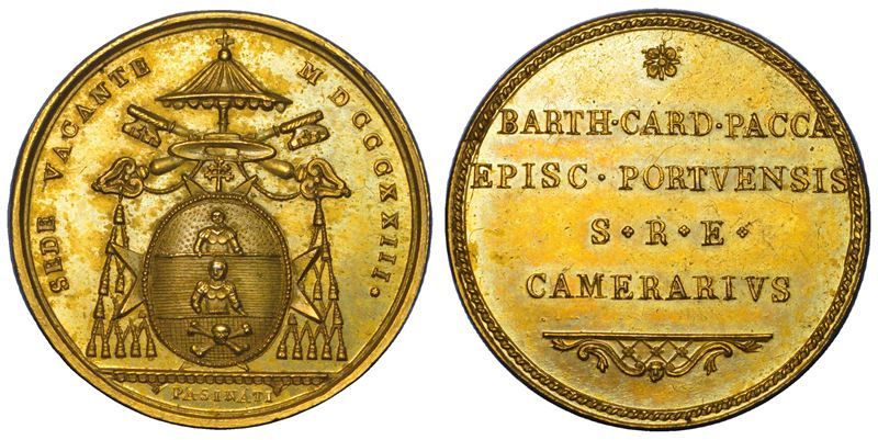 STATO PONTIFICIO. SEDE VACANTE 1823. Medaglia in bronzo dorato emessa dal Cardinale Camerlengo Bartolomeo Pacca.  - Auction Numismatics - Cambi Casa d'Aste