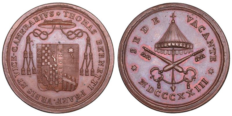 STATO PONTIFICIO. SEDE VACANTE 1823. Medaglia in bronzo emessa dal Governatore di Roma e Vice Camerlengo Monsignor Tommaso Bernetti.  - Auction Numismatics - Cambi Casa d'Aste