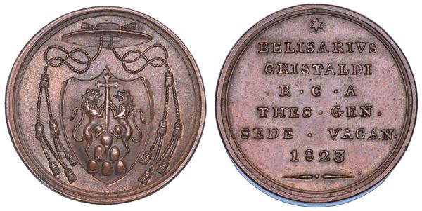 STATO PONTIFICIO. SEDE VACANTE 1823. Medaglia in bronzo emessa dal Tesoriere Generale Monsignore Belisario Cristaldi.