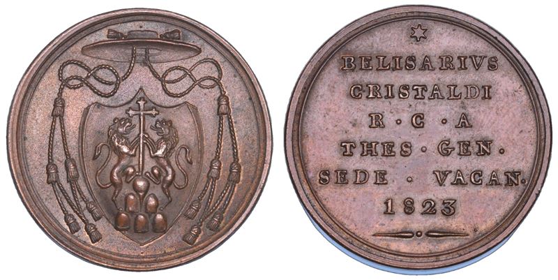 STATO PONTIFICIO. SEDE VACANTE 1823. Medaglia in bronzo emessa dal Tesoriere Generale Monsignore Belisario Cristaldi.  - Asta Numismatica - Cambi Casa d'Aste