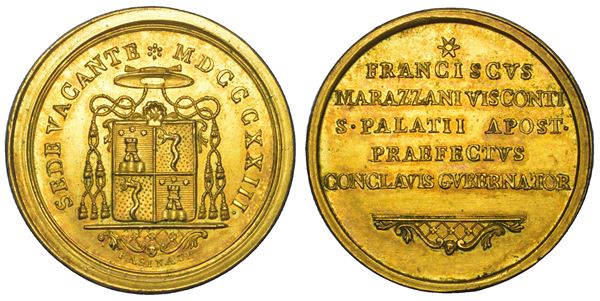 STATO PONTIFICIO. SEDE VACANTE 1823. Medaglia in bronzo dorato emessa dal Prefetto dei Sacri Palazzi Apostolici e Governatore del Conclave Monsignore Marazzani Visconti (seconda variante).