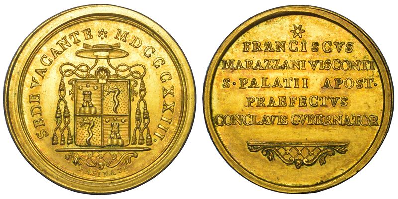 STATO PONTIFICIO. SEDE VACANTE 1823. Medaglia in bronzo dorato emessa dal Prefetto dei Sacri Palazzi Apostolici e Governatore del Conclave Monsignore Marazzani Visconti (seconda variante).  - Auction Numismatics - Cambi Casa d'Aste