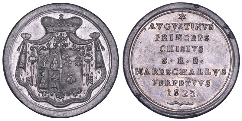 STATO PONTIFICIO. SEDE VACANTE 1823. Medaglia in metallo bianco emessa dal Maresciallo del Conclave Principe Agostino II Chigi.  - Auction Numismatics - Cambi Casa d'Aste