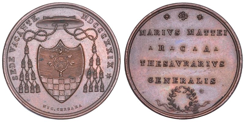 STATO PONTIFICIO. SEDE VACANTE 1829. Medaglia in  bronzo dal Tesoriere Generale Monsignore Mario Mattei.  - Auction Numismatics - Cambi Casa d'Aste