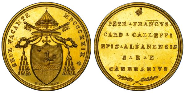 STATO PONTIFICIO. SEDE VACANTE 1829. Medaglia in bronzo dorato emessa dal Cardinale Camerlengo Pier Francesco Galleffi.