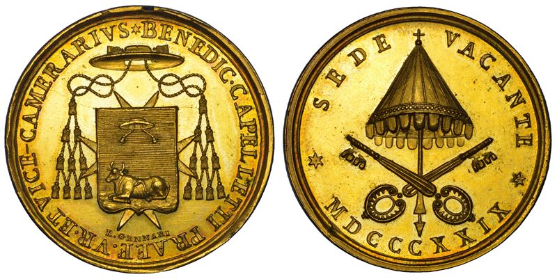 STATO PONTIFICIO. SEDE VACANTE 1829. Medaglia in bronzo dorato 1829 emessa dal Governatore di Roma e Vice Camerlengo Monsignore Benedetto Cappelletti.  - Auction Numismatics - Cambi Casa d'Aste