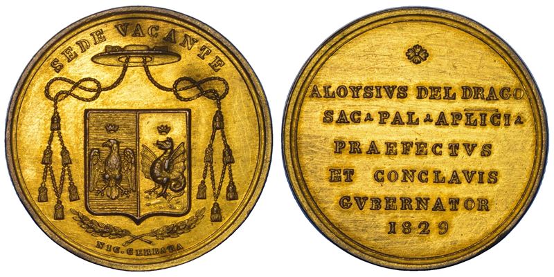 STATO PONTIFICIO. SEDE VACANTE 1829. Medaglia in bronzo dorato emessa dal Prefetto dei Sacri Palazzi Apostolici e Governatore del Conclave Monsignore Luigi del Drago.  - Asta Numismatica - Cambi Casa d'Aste