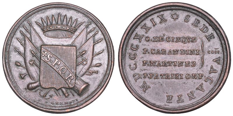 STATO PONTIFICIO. SEDE VACANTE 1829. Medaglia in bronzo emessa dai Conservatori della Città di Roma (seconda variante).  - Auction Numismatics - Cambi Casa d'Aste