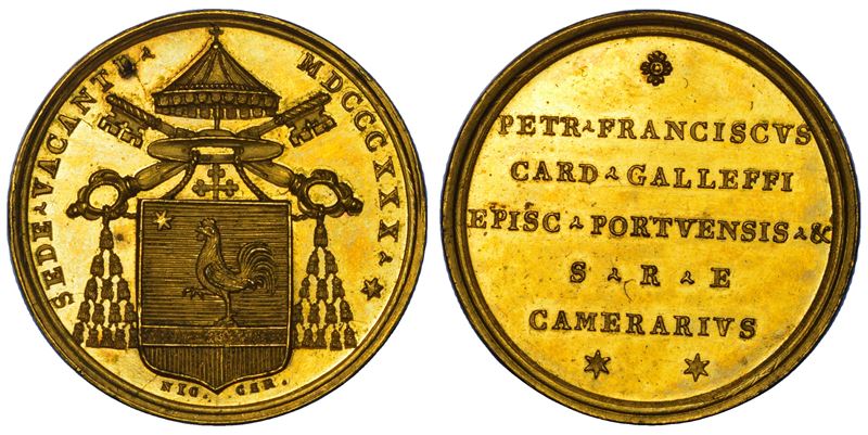 STATO PONTIFICIO. SEDE VACANTE 1830-1831. Medaglia in bronzo dorato emessa dal Cardinale Camerlengo Pier Francesco Galleffi.  - Auction Numismatics - Cambi Casa d'Aste