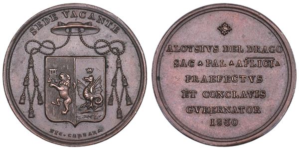STATO PONTIFICIO. SEDE VACANTE 1830-1831. Medaglia in bronzo emessa dal Prefetto dei Sacri Palazzi Apostolici e Governatore del Conclave Monsignore Luigi del Drago.