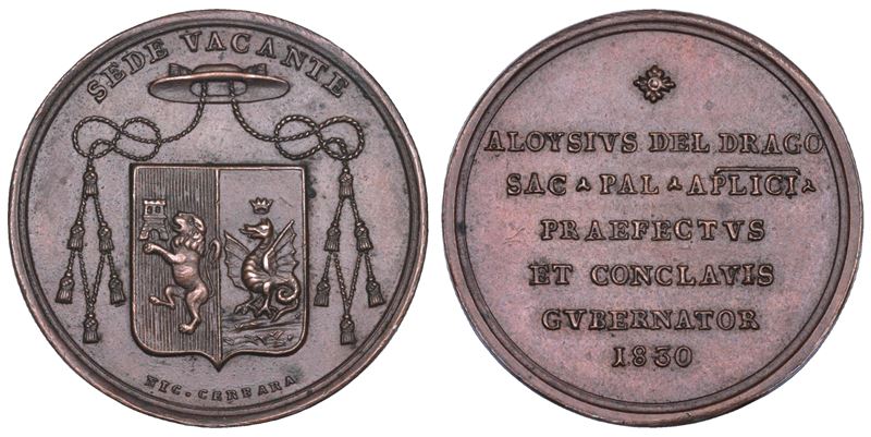 STATO PONTIFICIO. SEDE VACANTE 1830-1831. Medaglia in bronzo emessa dal Prefetto dei Sacri Palazzi Apostolici e Governatore del Conclave Monsignore Luigi del Drago.  - Auction Numismatics - Cambi Casa d'Aste