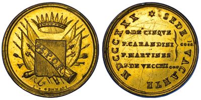 Medaglia in bronzo dorato emessa dai Conservatori della Città di Roma, 'SEDE VACANTE 1830-1831'