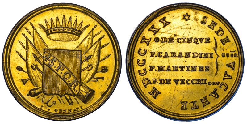 STATO PONTIFICIO. SEDE VACANTE 1830-1831. Medaglia in bronzo dorato emessa dai Conservatori della Città di Roma.  - Asta Numismatica - Cambi Casa d'Aste