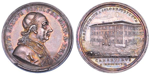 STATO PONTIFICIO. PIO VI (Giannangelo Braschi), 1775-1799. Medaglia annuale in argento 1797/A. XXIII. Ospizio dei trovatelli a Camerino.
