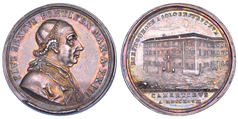 STATO PONTIFICIO. PIO VI (Giannangelo Braschi), 1775-1799. Medaglia annuale in argento 1797/A. XXIII. Ospizio dei trovatelli a Camerino.  - Auction Numismatics - Cambi Casa d'Aste